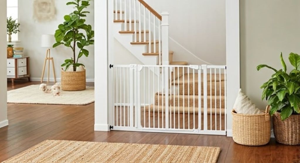 Safety gate for stairs with a banister screw