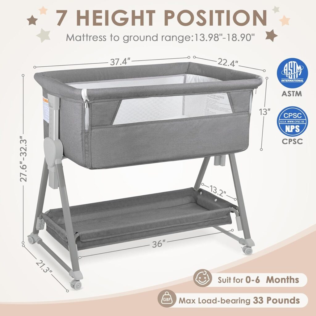 BIERUM Adjustable Baby Bassinet with wheels and large storage bag, featuring 7 height adjustments for bedside sleeping, shown assembled in a cozy nursery