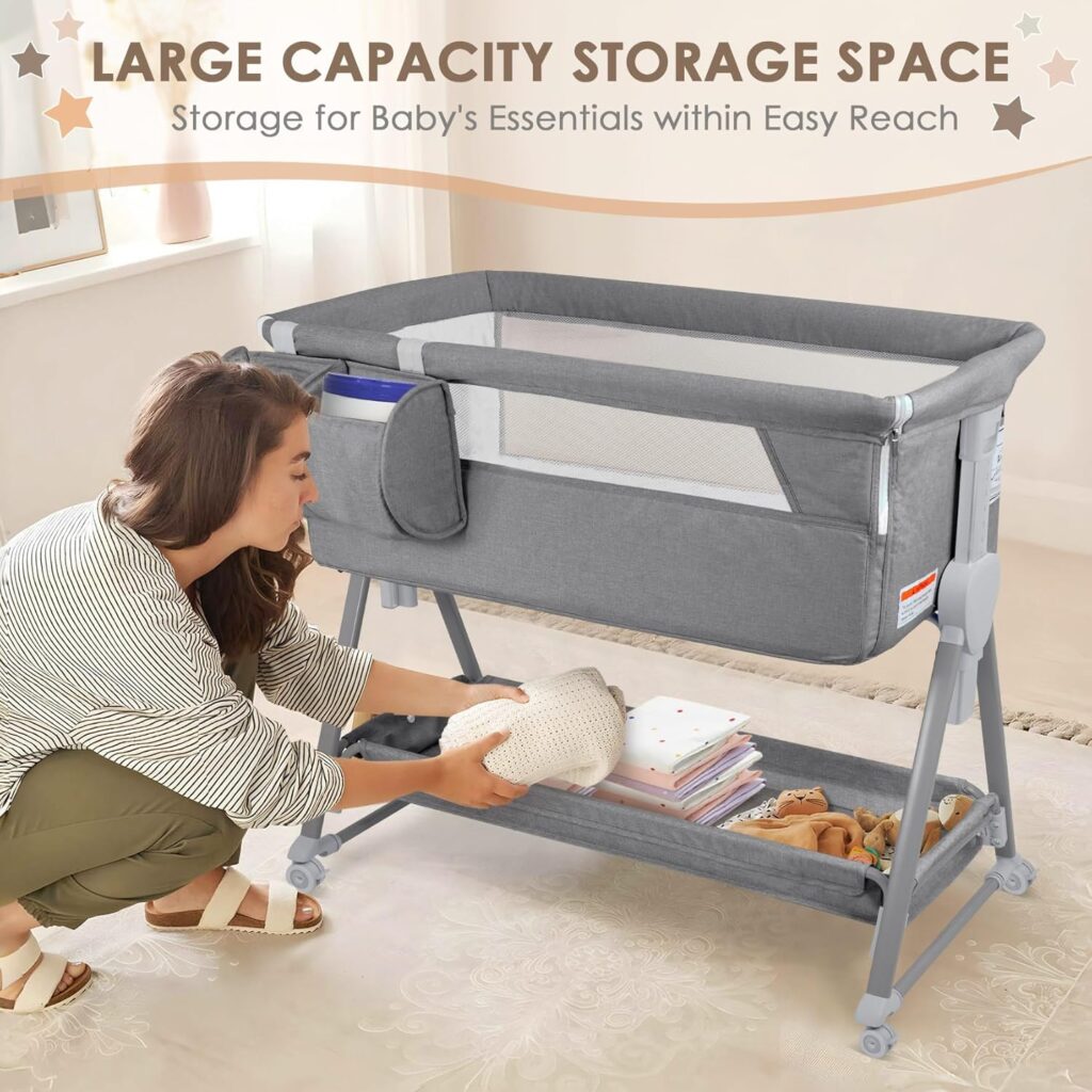 BIERUM Adjustable Baby Bassinet featuring 7 height adjustments, wheels for easy mobility, and a spacious storage bag, perfect for newborn bedside sleeping