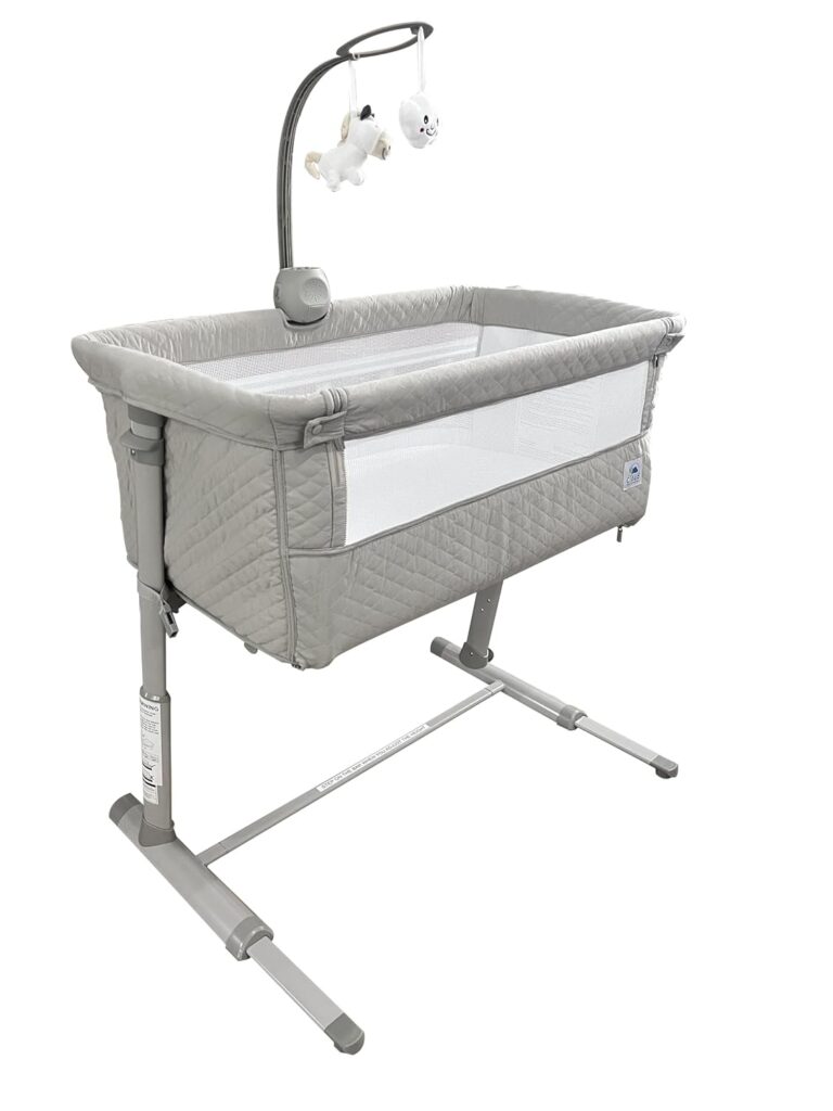 Cloud Baby bedside bassinet featuring adjustable height, breathable mesh sides, and secure frame for newborn sleep