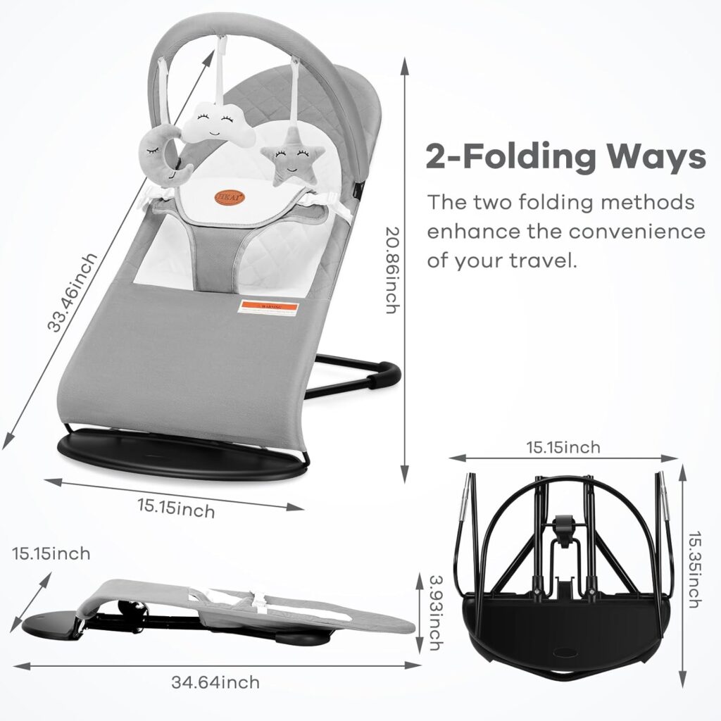 Light grey HKAI Baby Bouncer designed for infants aged 0 to 18 months, portable with three modes (rocking and stationary), made from 100% cotton fabric, and includes hanging toys