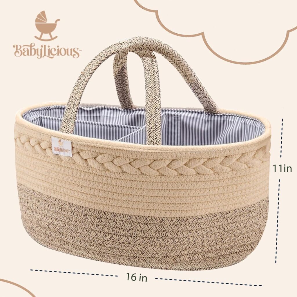 Parent looking at an XL cotton rope baby diaper caddy organizer, designed to neatly store diapers and baby essentials