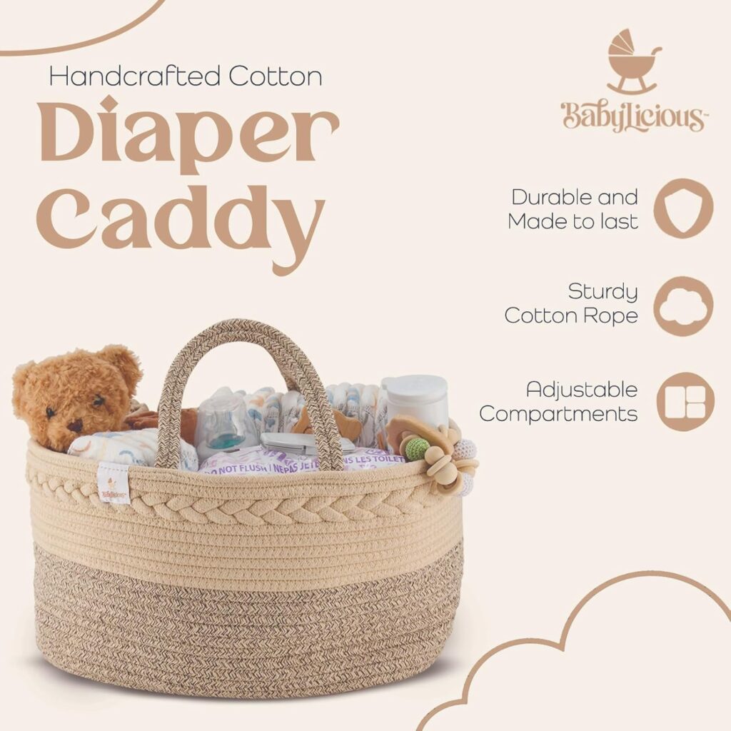 Parent reaching for an XL cotton rope baby diaper caddy organizer, ideal for keeping diapers and wipes tidy and accessible