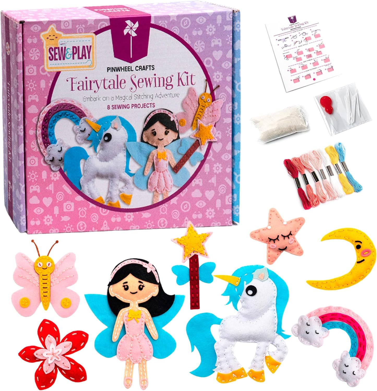 Pinwheel Kids Sewing Kit with colorful threads, needles, and beginner-friendly sewing projects for children