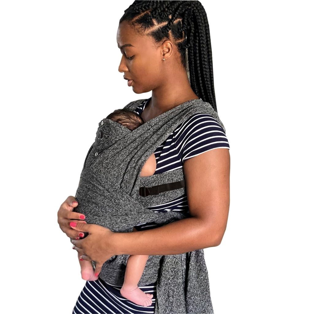 Parent wearing Boppy ComfyFit baby carrier in heathered gray with newborn