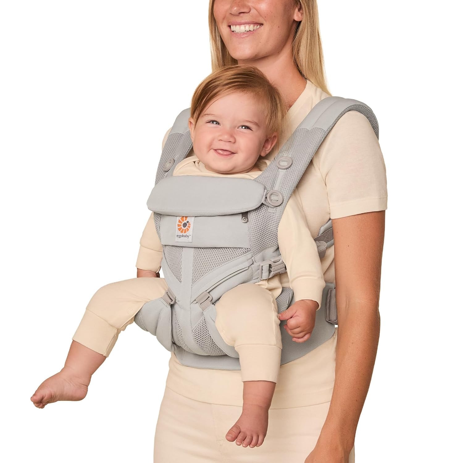 Comfortable grey Ergobaby Omni Classic carrier for babies 7–45 lbs, ideal for summer use