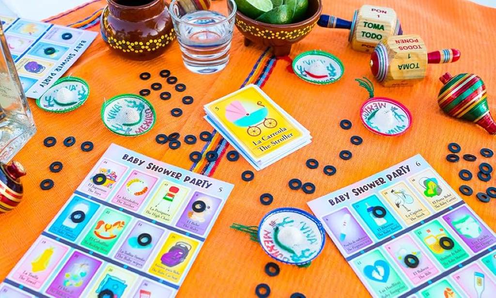 Guests playing baby shower bingo with colorful cards and markers.