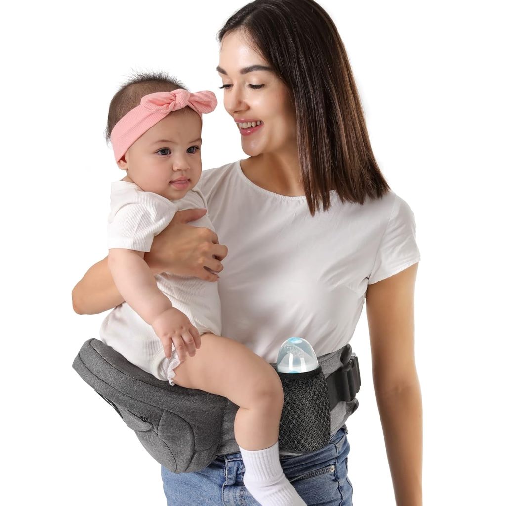 HKAI Baby Hip Carrier in grey with ergonomic hip seat and adjustable waistband