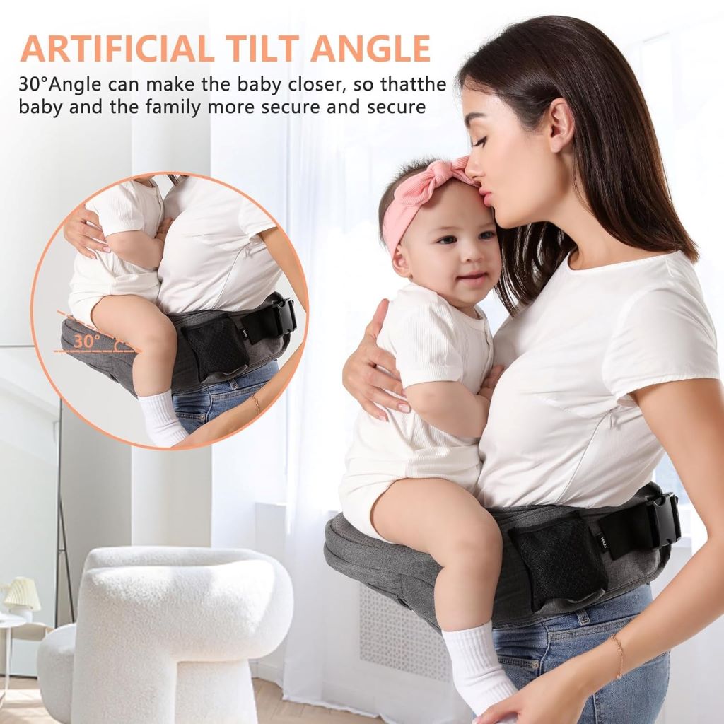 Mom holding toddler in breathable mesh HKAI Baby Hip Carrier