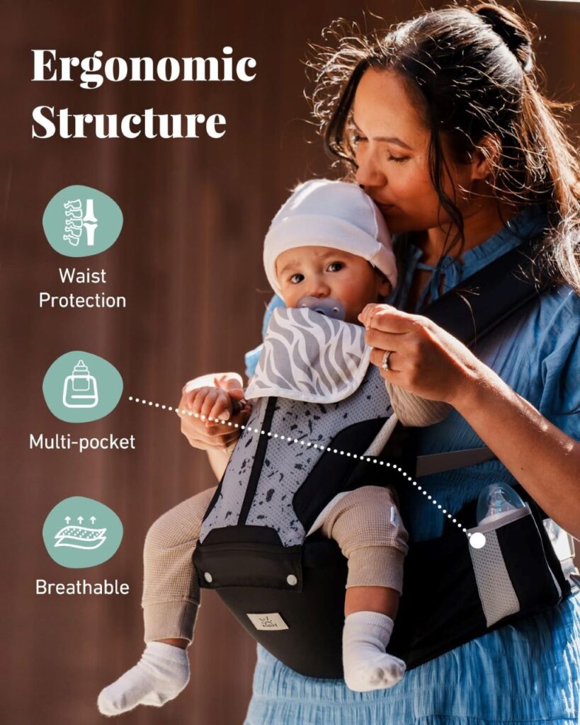 MOMTORY 6-in-1 Baby Carrier showing ergonomic design and adjustable straps.