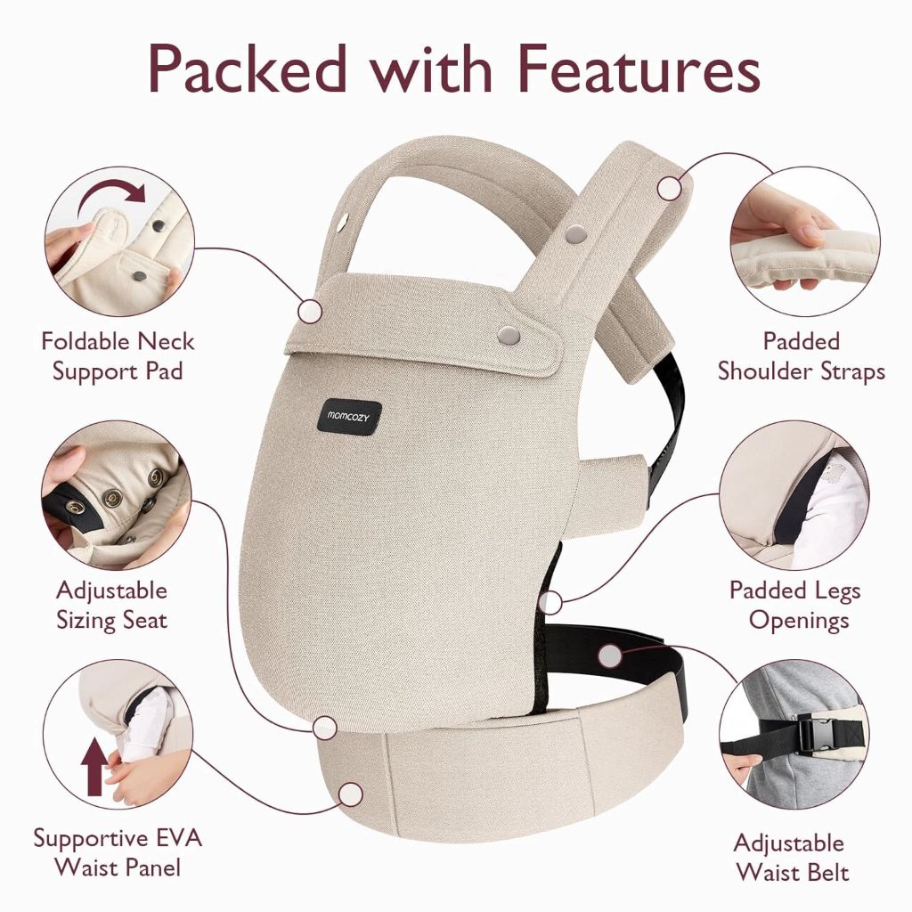 Khaki Momcozy baby carrier offering comfort and ergonomic design for 3-24 months