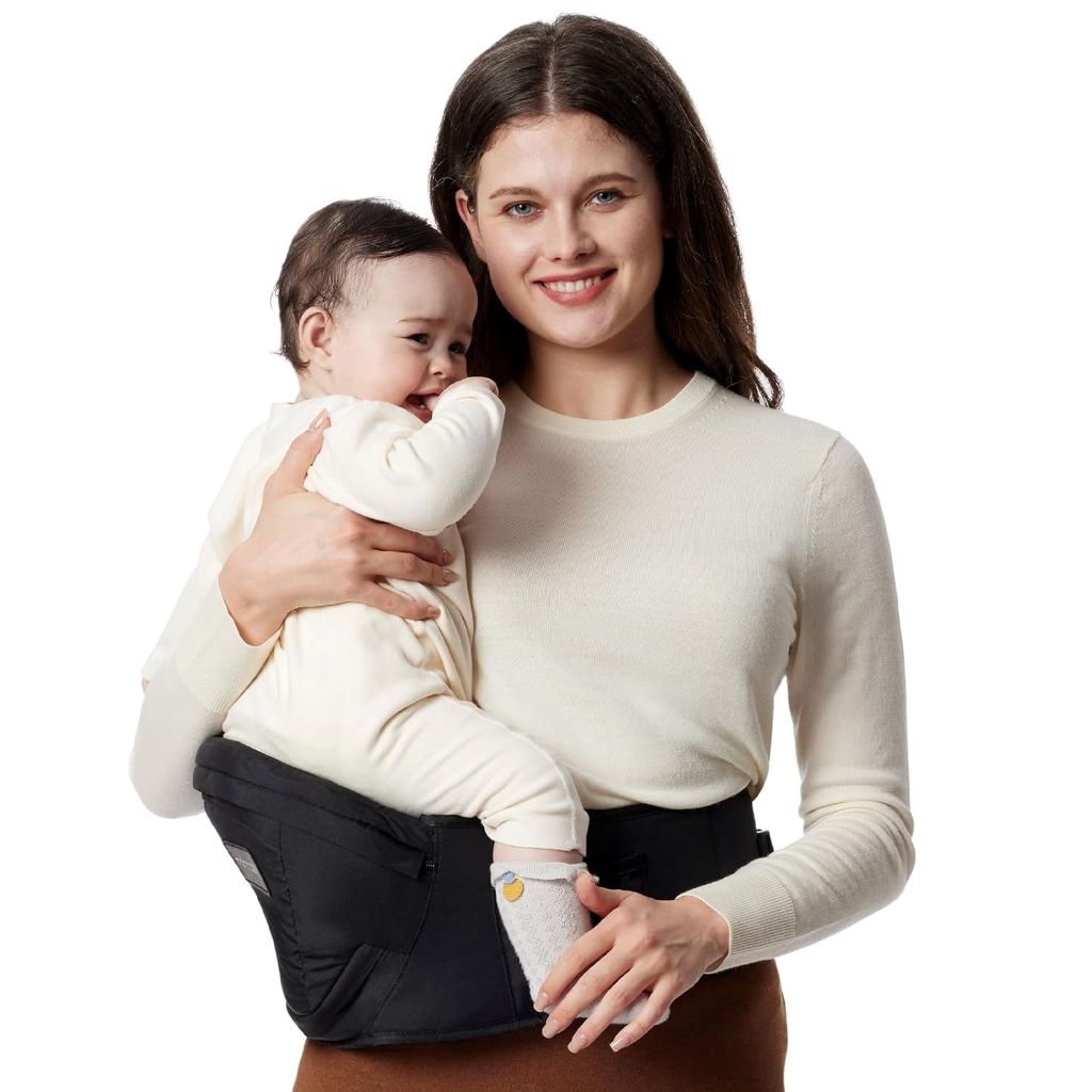 Momcozy hip seat baby carrier with ergonomic design and adjustable waistband