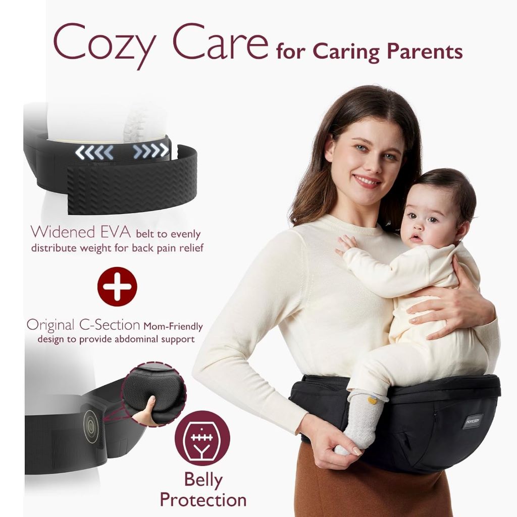 Parent wearing black Momcozy hip seat baby carrier with storage pockets