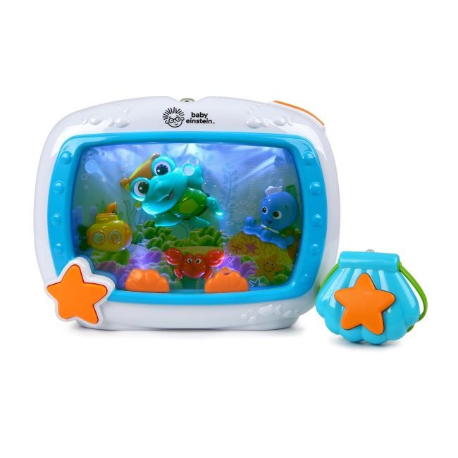 Close-up of Baby Einstein Sea Dreams Soother sound machine displaying soothing ocean scene for babies.