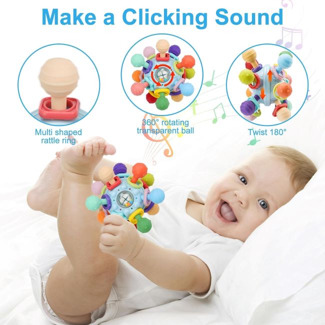 Infant holding silicone teething ring and sensory toy for early development