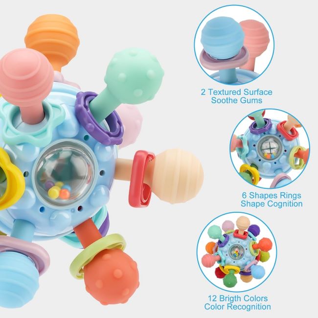 Baby playing with colorful Montessori sensory and teething toys on a play mat
