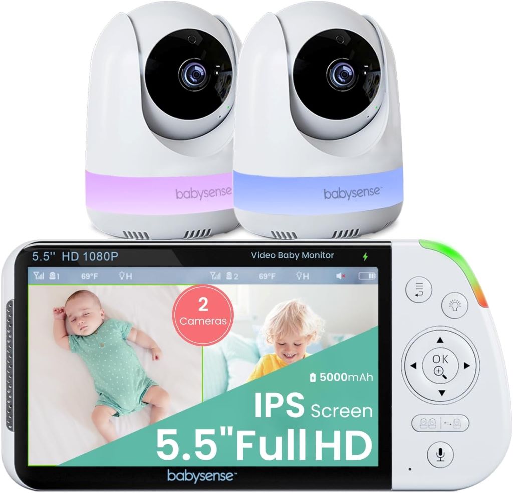 Babysense 5.5” HD baby monitor with dual cameras and RGB night light on a nursery table.