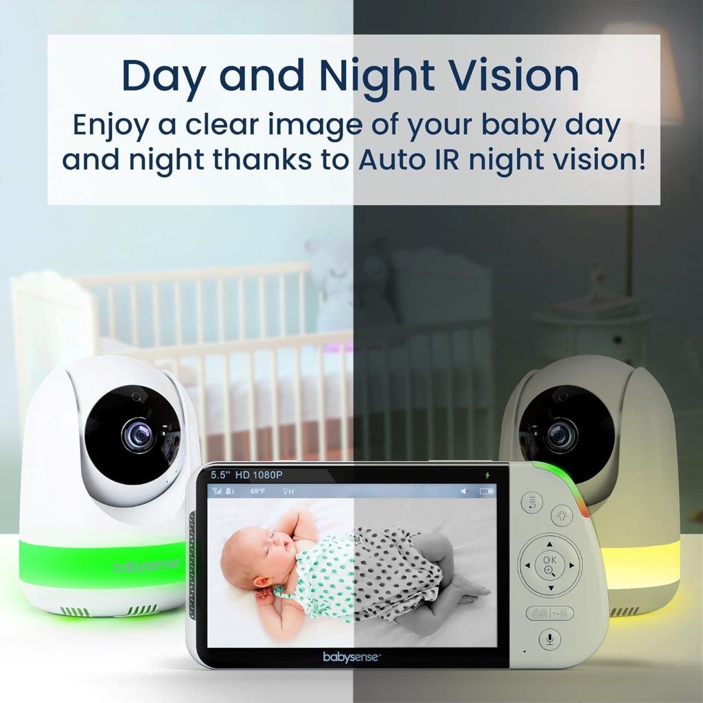 Video baby monitor showing split-screen view of two babies with night light on.