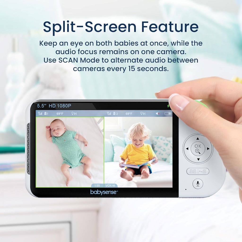 Parents using Babysense HD baby monitor with two-way audio and long battery life.