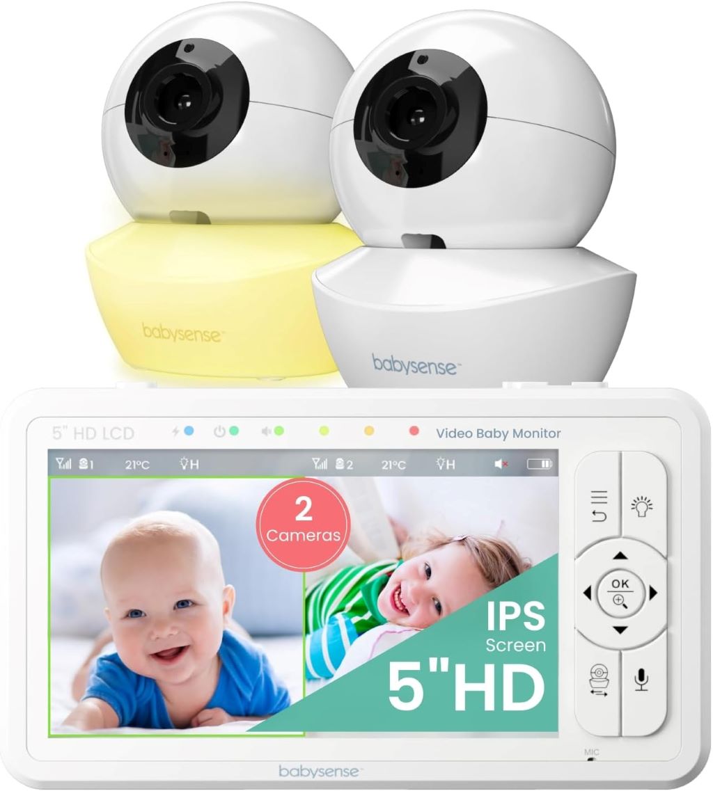 Babysense 5-inch HD baby monitor with dual cameras and split-screen display.