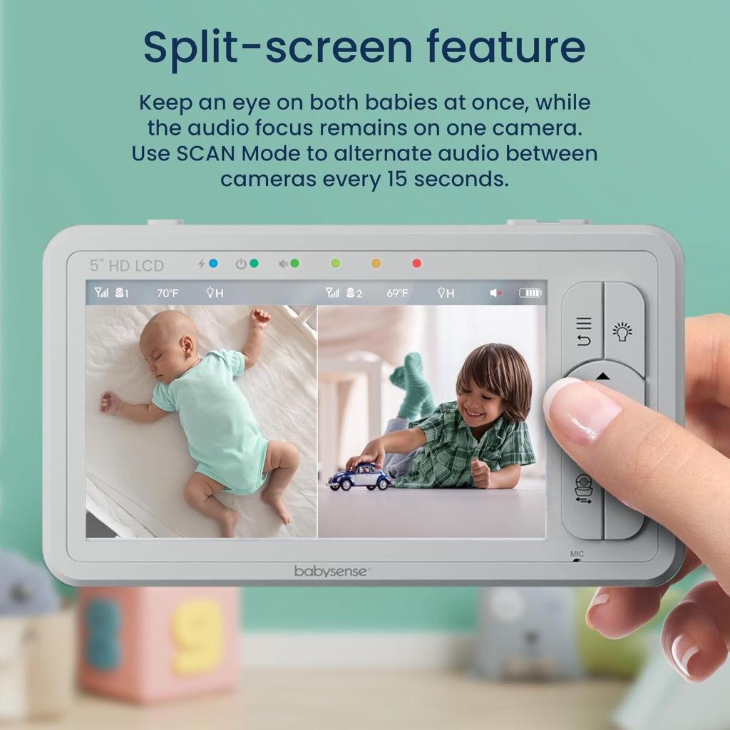 Video baby monitor showing night vision mode and two-way audio features.