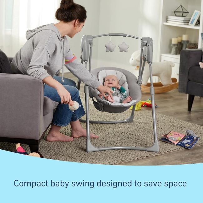 Close-up of Graco Slim Spaces Reign baby swing features