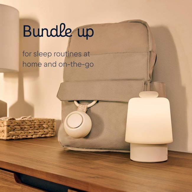 Compact Hatch Go sleep soother with 10 calming sounds, perfect for travel, stroller, or nursery use.