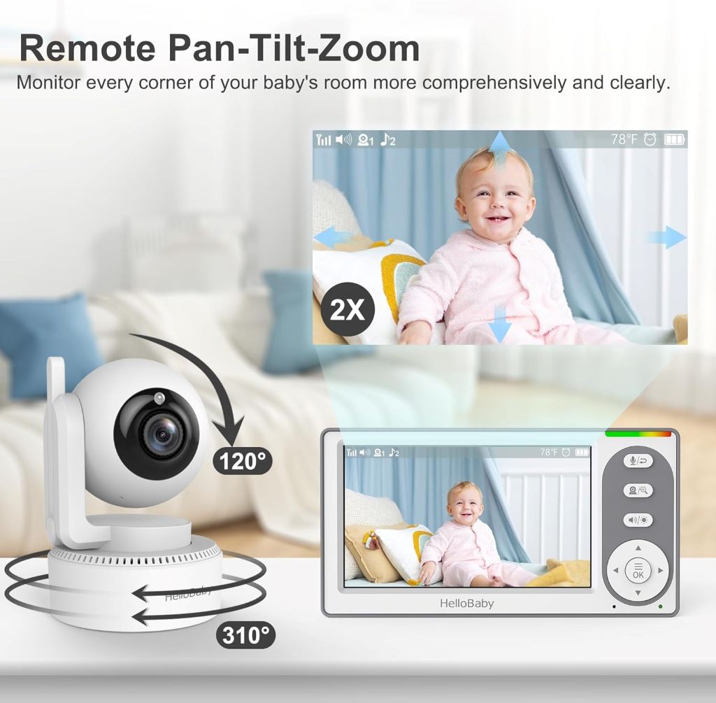Compact HelloBaby baby monitor featuring remote pan-tilt-zoom, ECO mode, lullabies, and 30-hour battery.