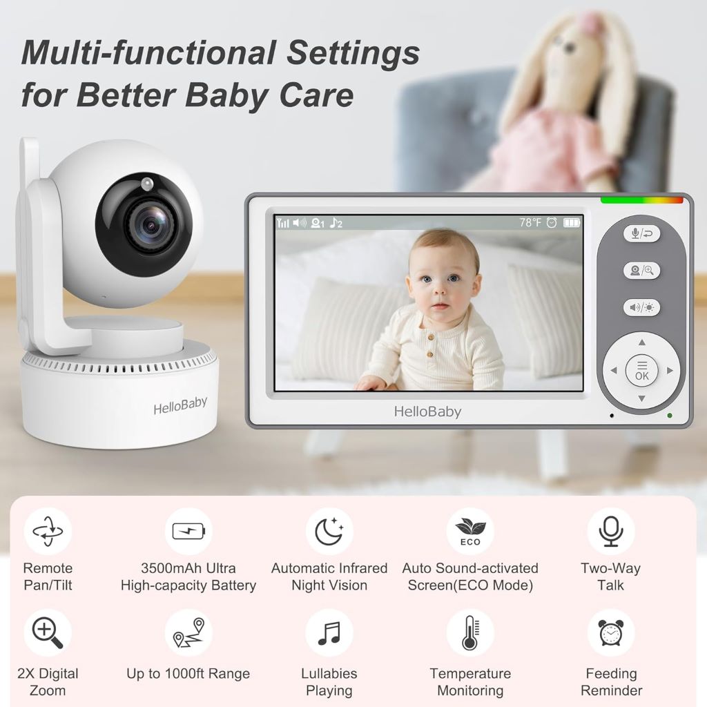 HelloBaby baby monitor with 1000ft range, night vision, two-way talk, and long-lasting battery for peace of mind.