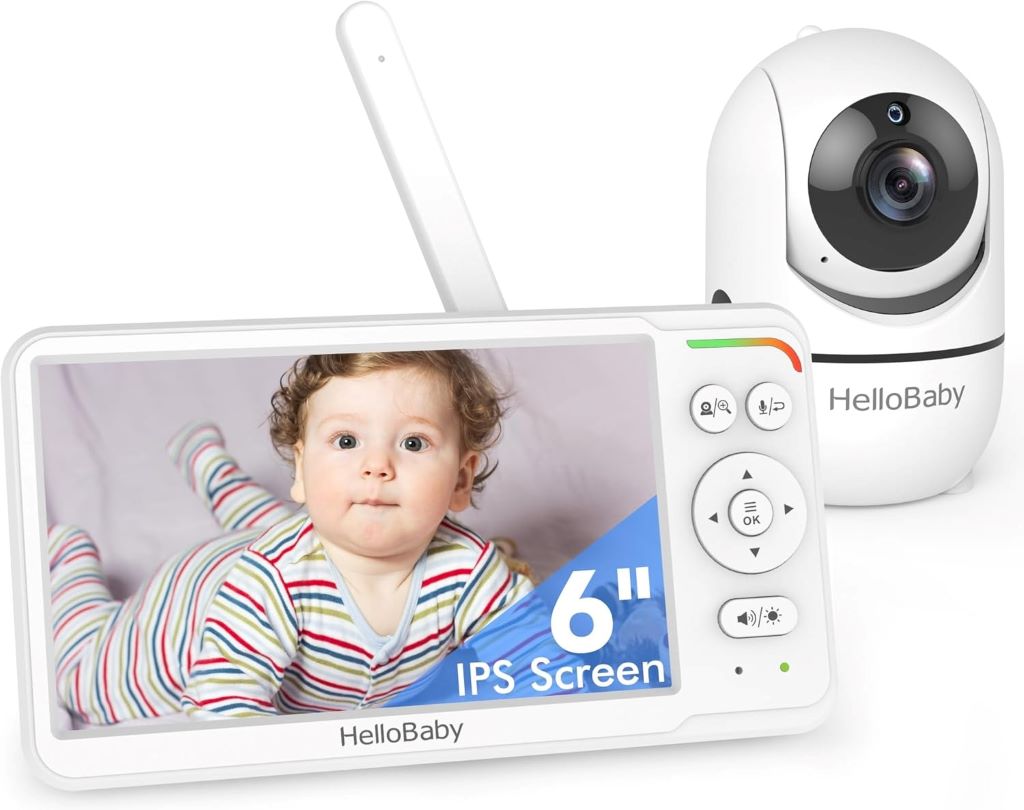 HelloBaby 6-inch IPS baby monitor with night vision, pan-tilt camera, and long battery life.