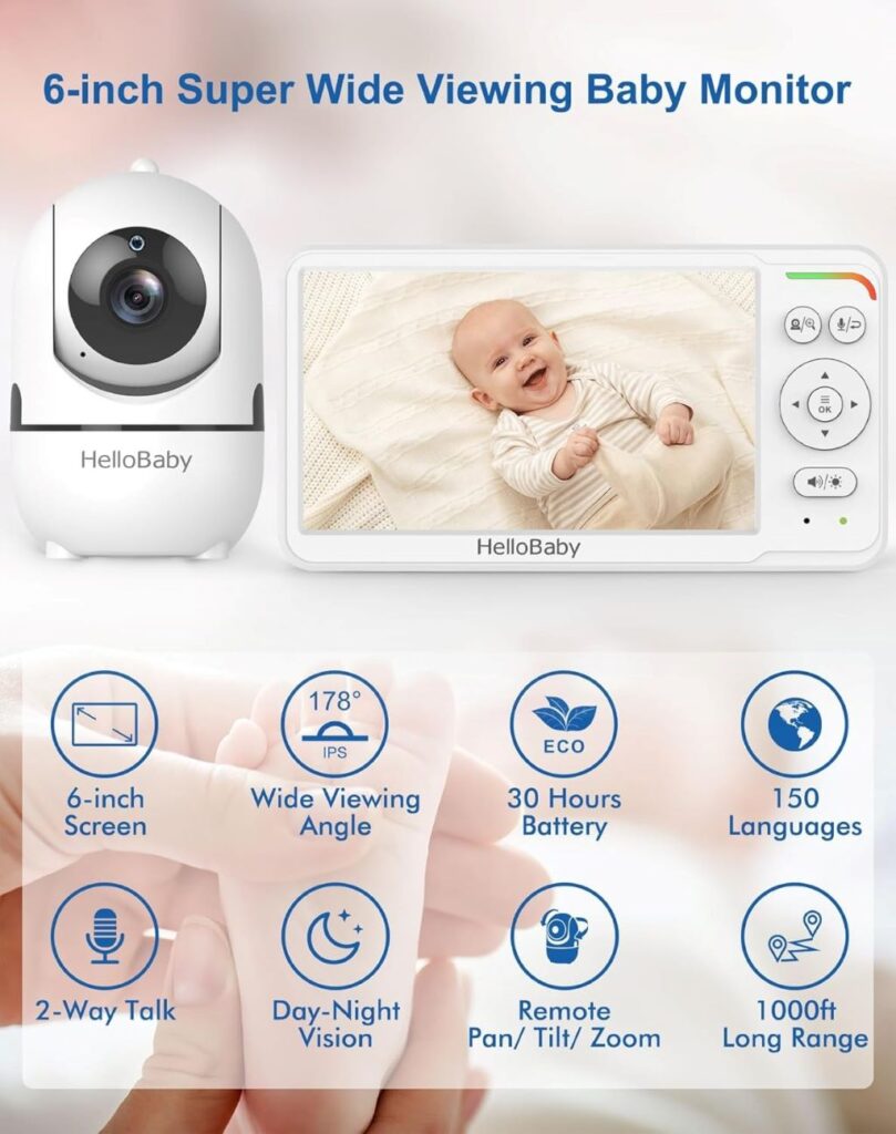 Secure HelloBaby baby monitor featuring 2-way talk, VOX, 1000ft range, and WiFi-free operation.