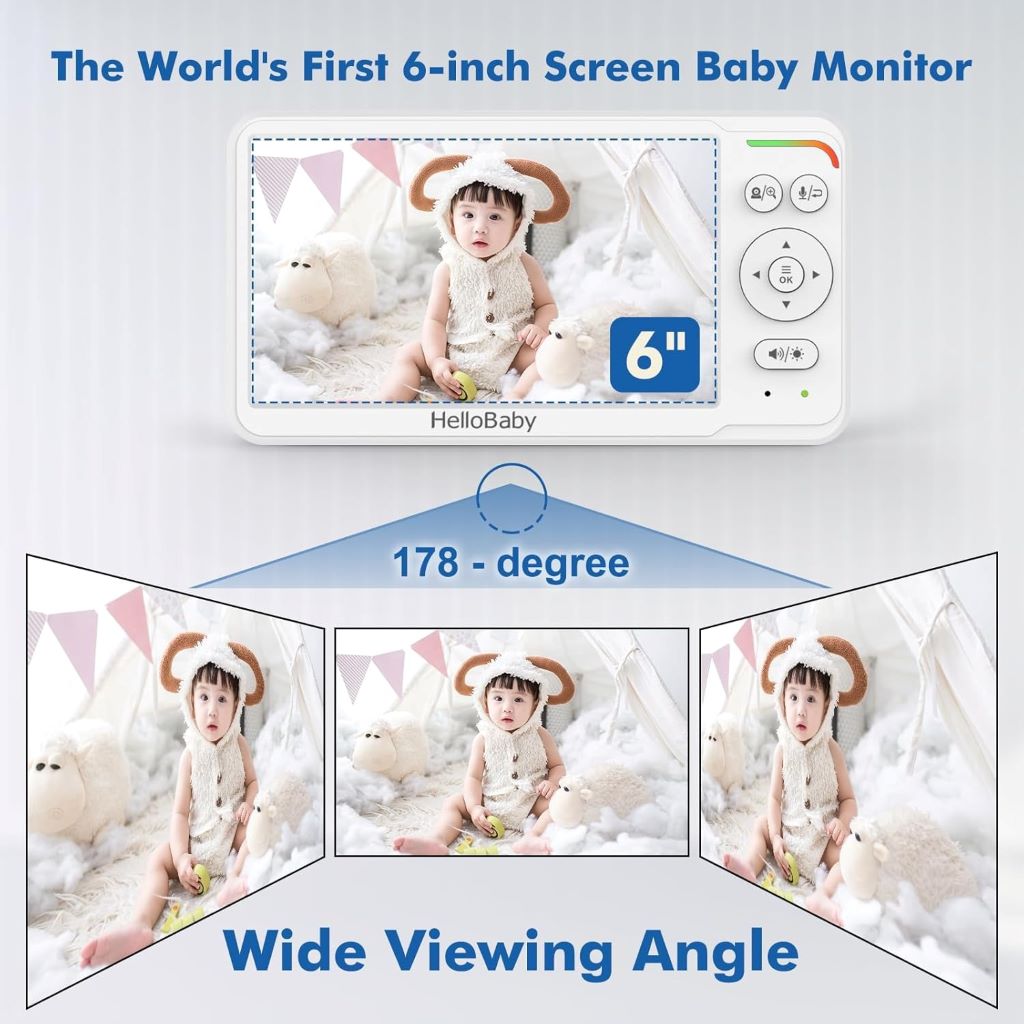 Portable HelloBaby video audio monitor for babies, elderly, or pets with 30-hour battery and IPS screen.