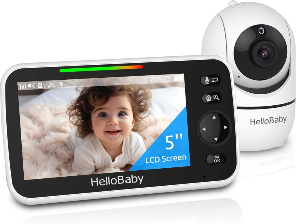 HelloBaby HB6550 baby monitor with 5-inch screen, night vision, and long-lasting battery.