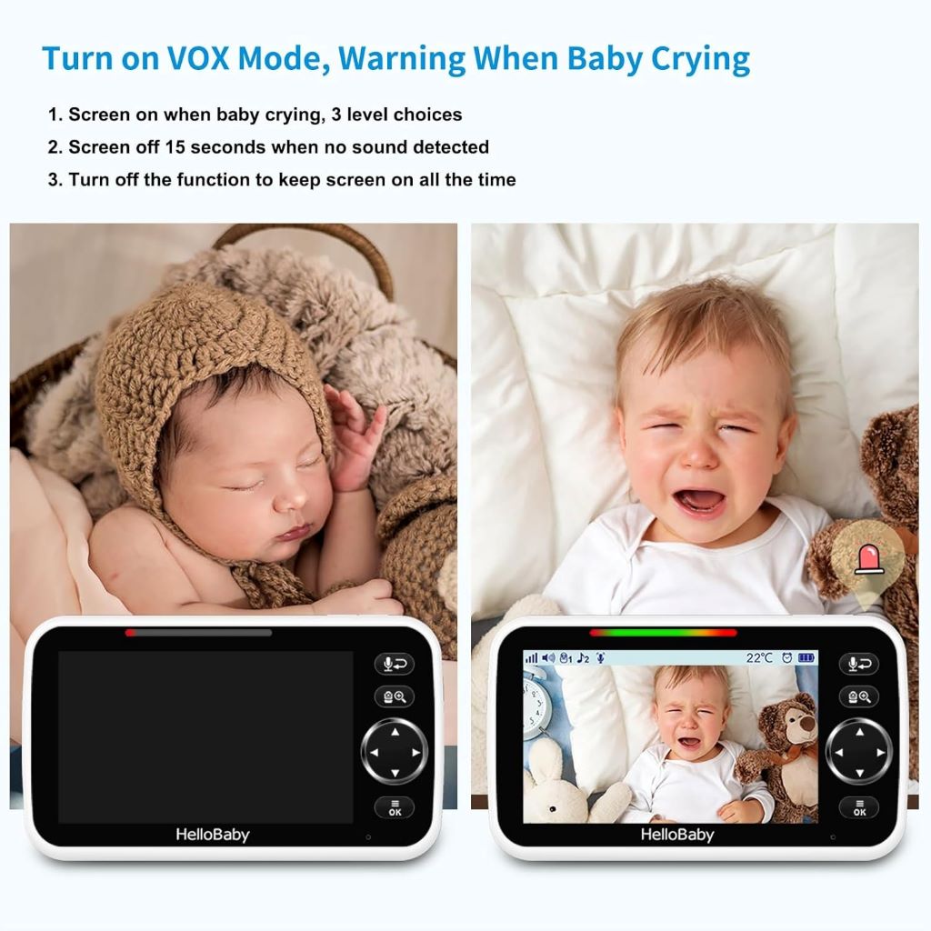 Pan-tilt-zoom HelloBaby HB6550 baby monitor showing 2-way talk and lullabies features.