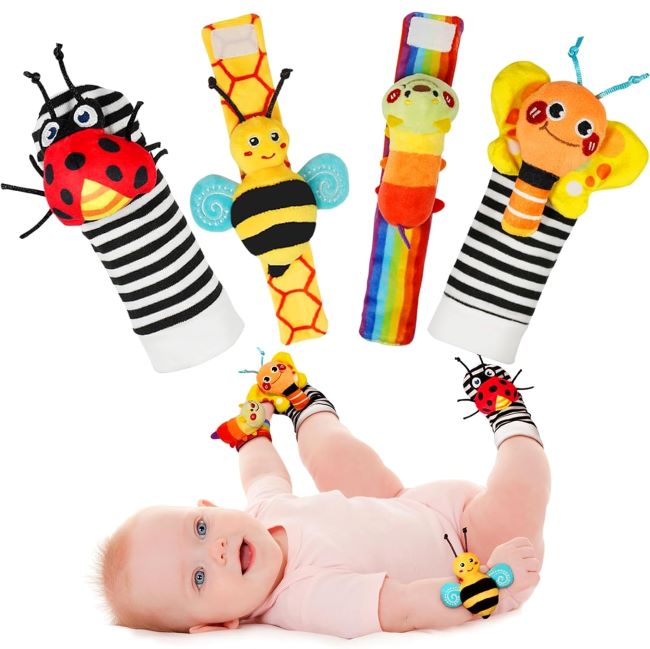 Soft and safe Infinno baby rattle socks and foot finders, designed for newborns and infants, garden bug theme.