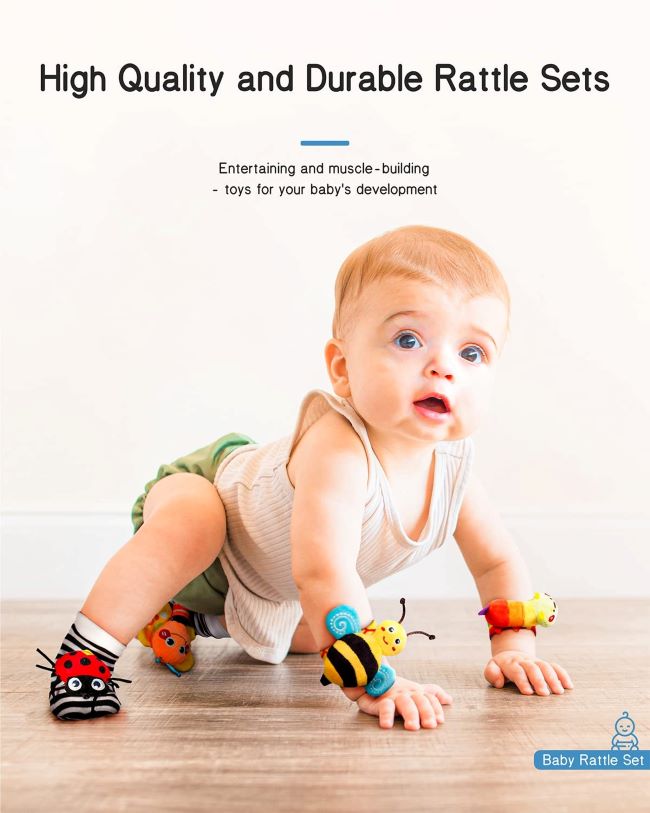 Infinno Baby Wrist Rattle and Foot Finder Set for newborns, ideal for 0-12 months, cute garden bug design.
