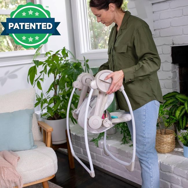 Ingenuity Soothe ’n Delight baby swing folded for easy storage and travel