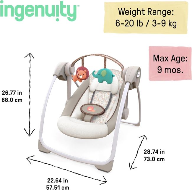 Close-up of Ingenuity Soothe ’n Delight swing showing plush seat and control panel