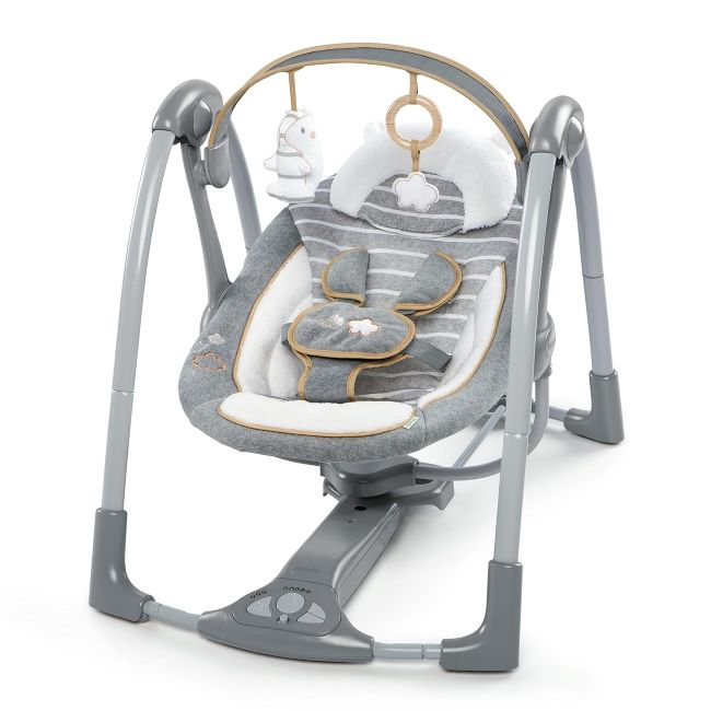 Ingenuity Swing 'n Go Deluxe baby swing with plush toys and cushioned harness