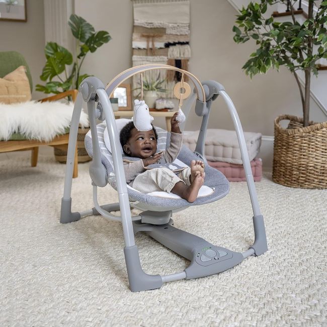 Portable 5-speed baby swing for 0-9 months with foldable design and soothing sounds