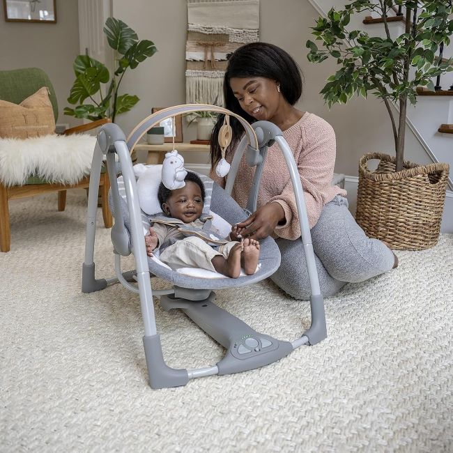 Cozy and fun Ingenuity baby swing in Bella Teddy design for infants