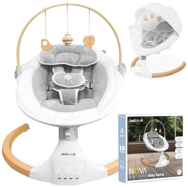 Jool Baby Nova Nature electric baby swing with natural wood toys in gray