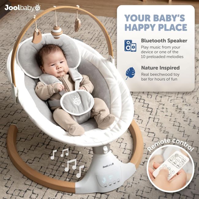 Newborn resting in Jool Baby Nova Nature motorized swing with Bluetooth music