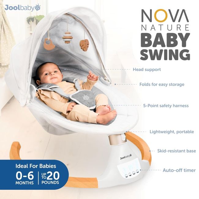 Modern gray Jool Baby Nova Nature baby swing featuring remote control and gentle motion