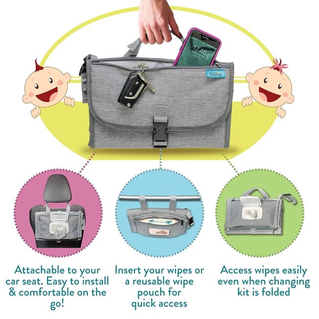 Parent using the Kopi Baby portable changing pad with built-in wipes pocket during travel