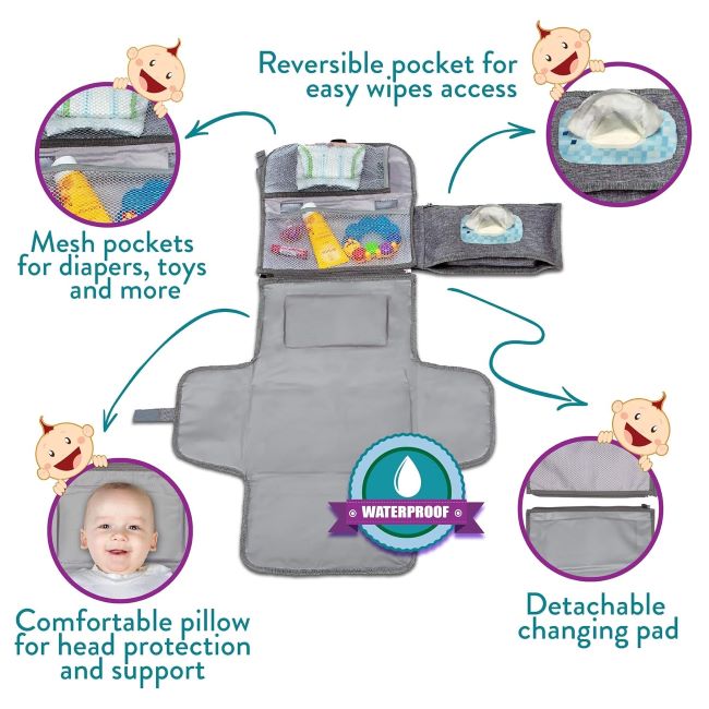 Compact and stylish grey diaper changing mat from Kopi Baby – ideal for newborns on the go
