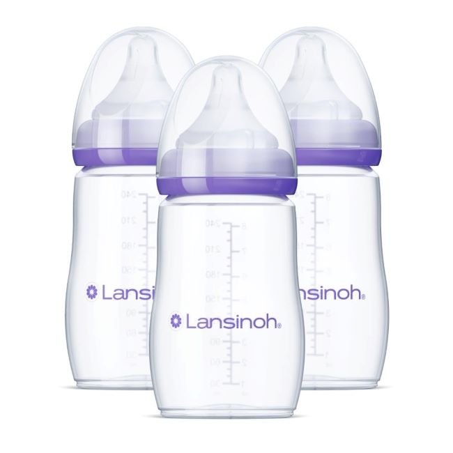 Lansinoh 8oz anti-colic baby bottles, 3-pack with medium flow nipples for breastfeeding babies.