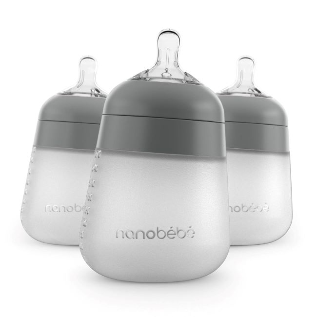 Nanobebe Flexy Silicone Baby Bottles in gray, 9oz size, featuring anti-colic design and non-tip stable base.
