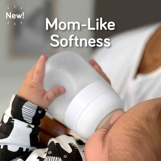 Close-up of Nanobebe Flexy Silicone Baby Bottles showing soft silicone material and natural-feel nipple.