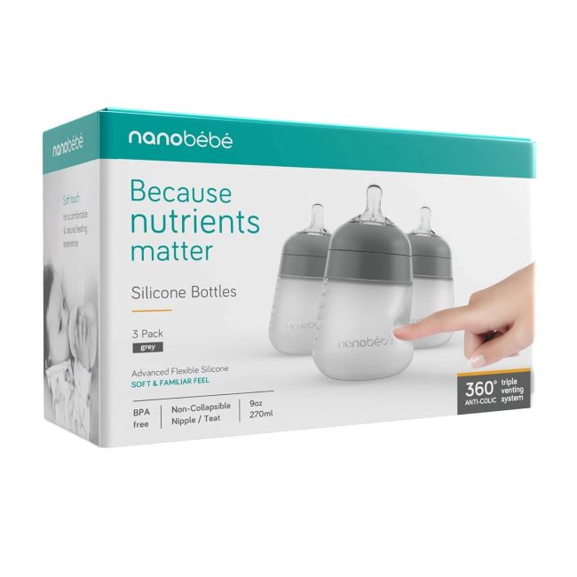 Set of three Nanobebe Flexy Silicone Baby Bottles designed for easy cleaning and non-collapsing nipple.